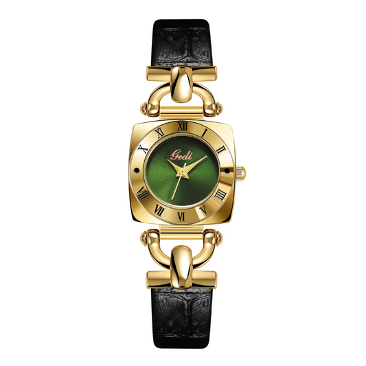 Vintage Noir Timepiece: Black and Gold Green Dial Leather Watch
