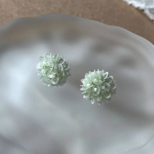 Handmade Beaded Floral Earrings – Original Design in Soft Green, Japanese AIKO Antique Beads, French LM Sequins, S925 Silver Posts