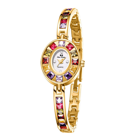 Gouden armband kwarts kijken naar vrouwen - witte wijzerplaat met kleurrijke edelsteenaccenten