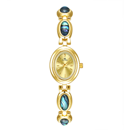 Montre à quartz pour femme, bracelet en or, incrustation de coquillages d'ormeau et cadran ovale vintage