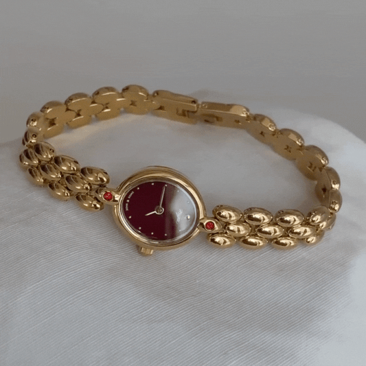 Gold Women's Watch – Dainty Oval Red Dial Bangle Style Bracelet | Ruby