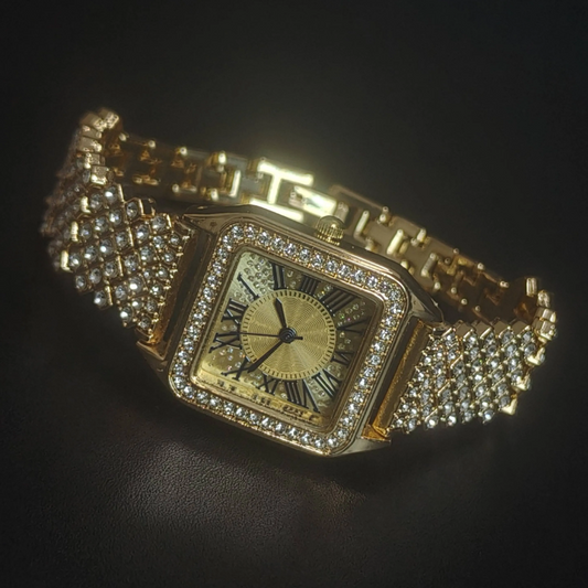 Gold Women’s Quartz Watch – Full Crystal Square Dial Bangle Watch | Glimmer