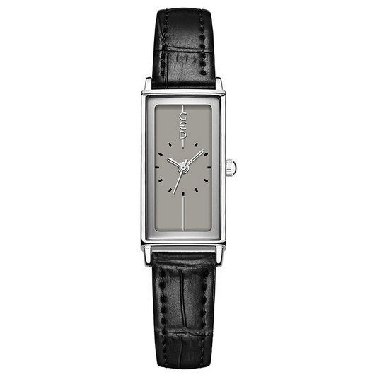 Vintage Artisan Rectangular Watch: Black Leather Strap with Silver Dial