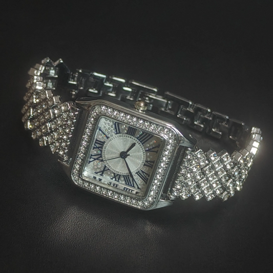 Silver Women’s Quartz Watch – Full Crystal Square Dial Bangle Watch | Frostlight
