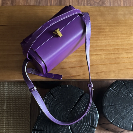 Suede Leather Mini Boston Bag – Acai Purple, Quiet Luxury Cowhide Purse with Adjustable Shoulder Strap