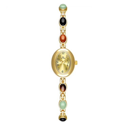 Elegance in Motion – Gold Oval Watch with Jade Bracelet