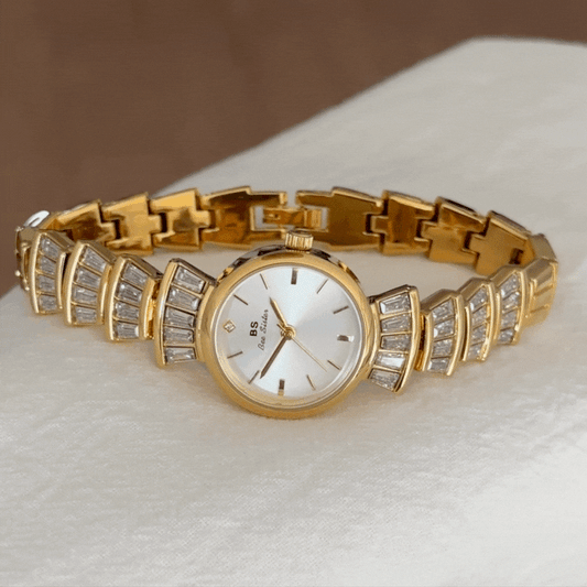 Elegant Round Silver Dial Gold-Tone Case Diamond-Accented Alloy Bracelet Quartz Watch