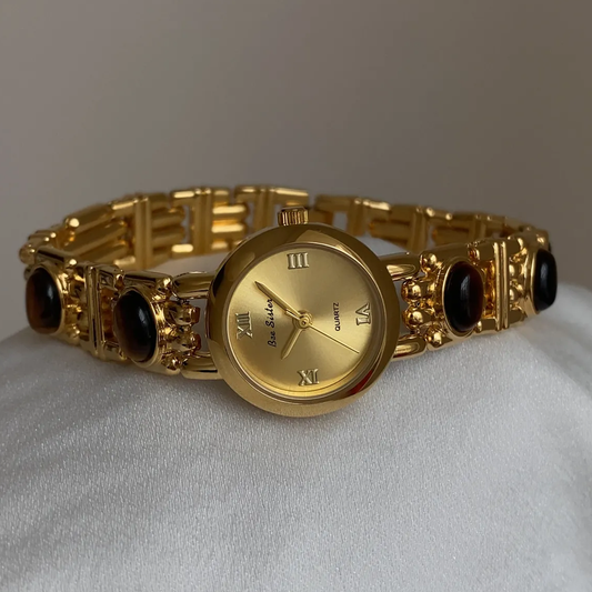 Gold Tiger Eye Inlay Bracelet with Round Gold Dial, Vintage Style Women’s Quartz Watch