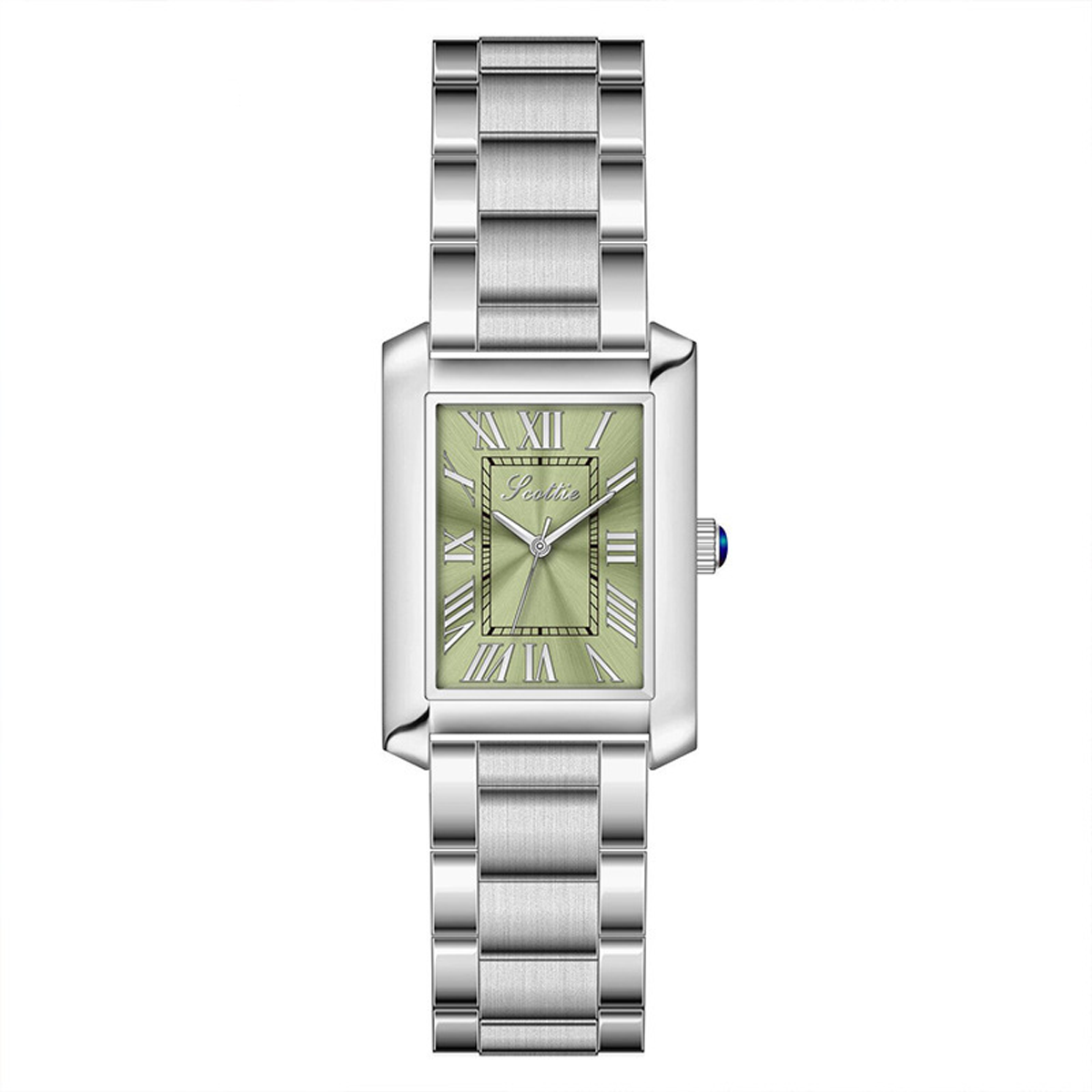Reloj de enlace romano plateado y verde: reloj elegante de cuarzo