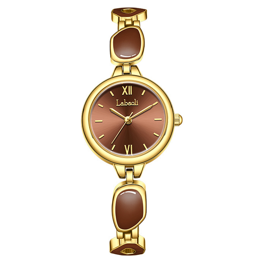 Amber Luxe – Elegant Gold Bracelet Women’s Quartz Watch with Brown Gemstone Inlays and Matching Round Dial