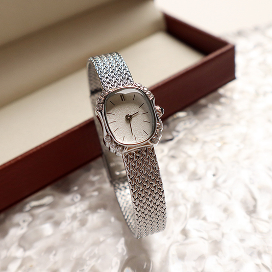 Zilveren tarweketting armband kwarts horloge voor vrouwen-diamant-geaccentueerde wijzerplaat, elegant en delicaat