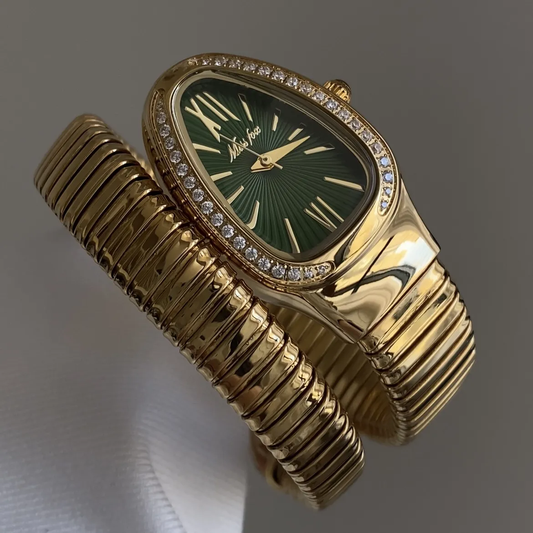 Luxurious Gold & Green Serpenti: Diamond-Embellished Quartz Watch