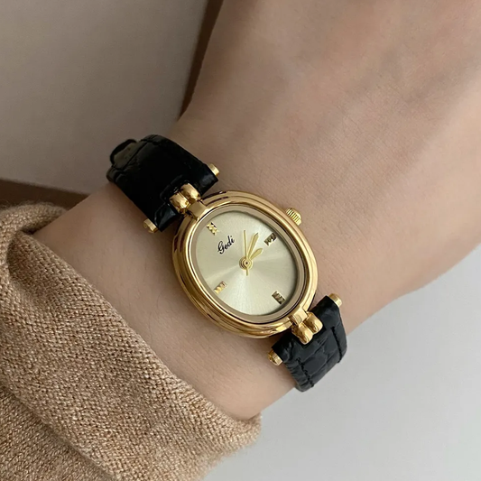 Vintage Frans geïnspireerde kwarts kijken voor vrouwen-gouden ovale wijzerplaat en zwarte lederen band