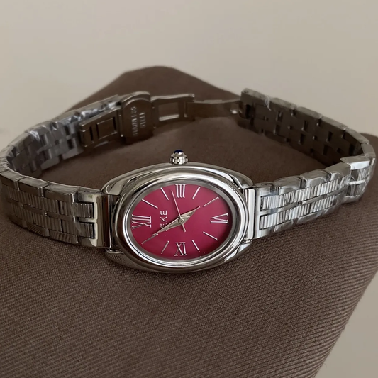 Women's Quartz Watch – Silver Strap with Raspberry Red Oval Dial