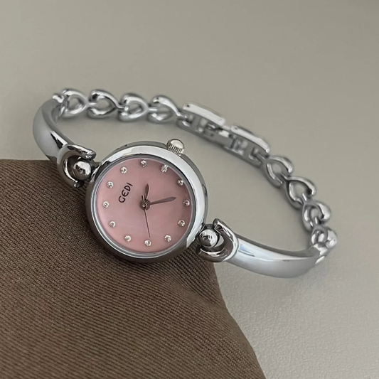 Srebrni stil u stilu okrugli ružičasti biranje ženski kvarc sat