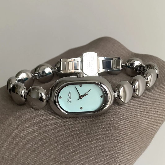 Silver Beaded Bracelet Quartz Watch for Women – Oval Blue Dial, Elegant & Chic
