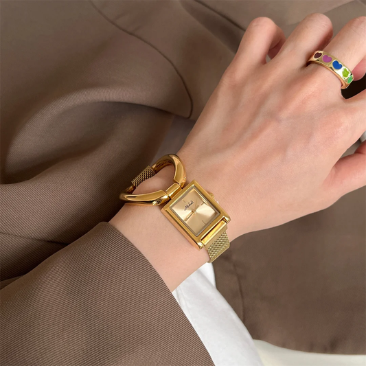 Gold Magnetic Ring Strap with Gold Square Dial Women’s Quartz Watch