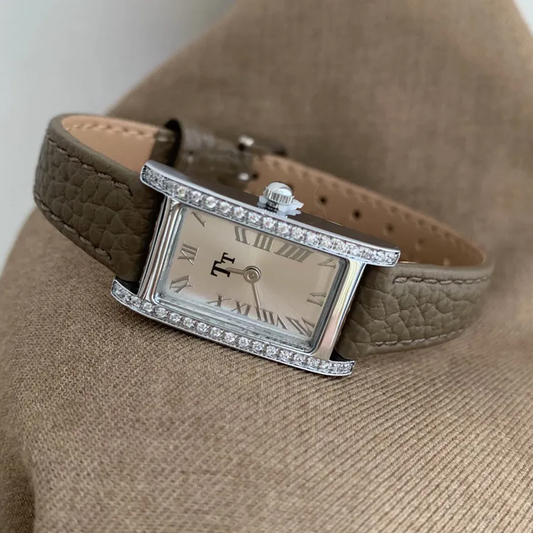Elegant Gray Leather & Diamond-Accented Rectangular Quartz Watch