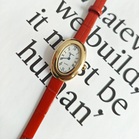Rood lederen band kwarts kijken voor vrouwen - gouden ovale hoes en witte wijzerplaat, elegant en klassiek