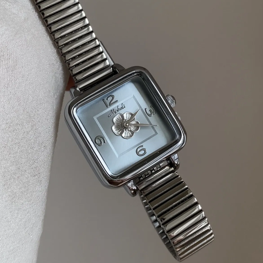 Glacier Blue Camellia Square Dial Quartz Watch voor vrouwen-Silver Bamboo-Link armband