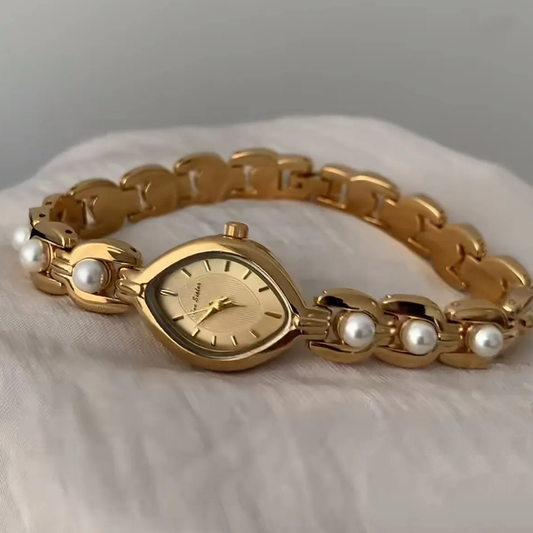 Vintage geïnspireerde gouden parel-ingebedde armband Watch-Marquise Dial, Elegant & Timeless