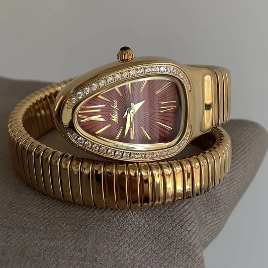 Golden Serpenti Timepiece: Red Dial Diamond-Studded Bracelet Watch