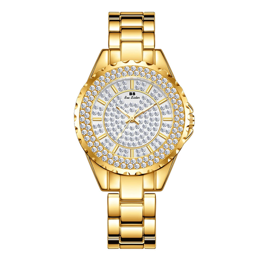 Montre à quartz pour femme avec grand cadran en or et diamants