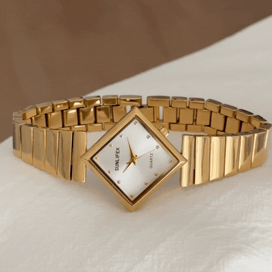 Classic Fashion Rhombus White Dial Gold-Tone Case Alloy Bracelet Quartz Watch