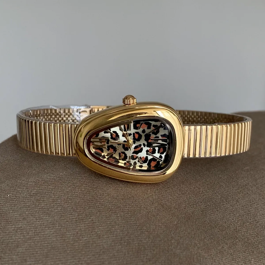 Gold Serpenti Quartz Watch for Women – Leopard Print Dial & Gold Bamboo Bracelet