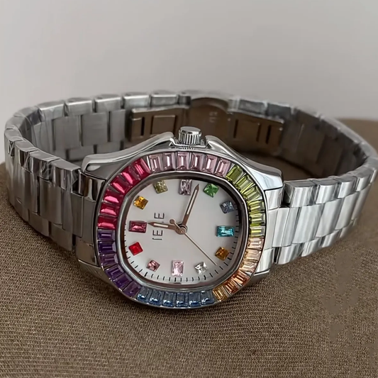 Zilveren armband kwarts horloge voor vrouwen-kleurrijke edelsteen-set case & vetgedrukte wijzerplaat, dopamine chic