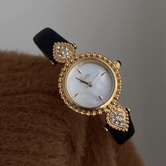 Orologio perle dorate: orologio in quarzo berretto in pelle in pelle