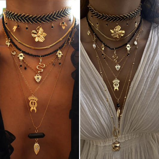 Winter Gold Choker Set – 6-Piece Custom Black Spinel Beaded Layered Necklace | Solstice