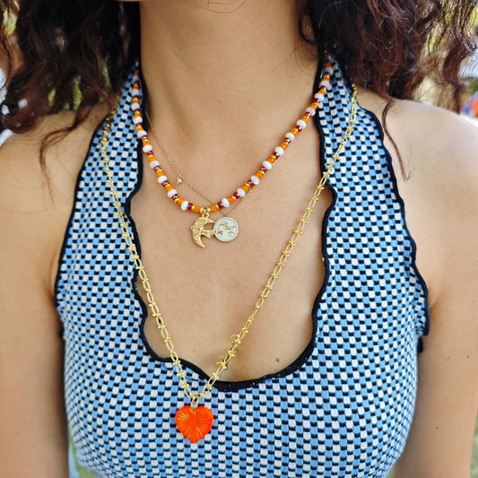 Handmade Bright Orange Conch Beaded Necklace|Sunburst Shell
