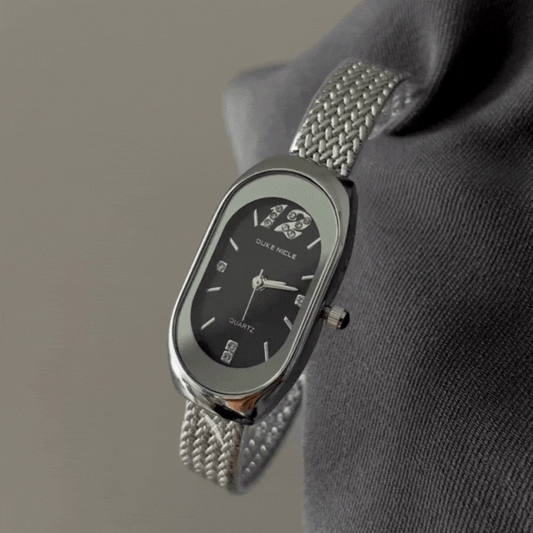 Silver Women’s Watch – Oval Black Dial Quartz Watch with Dainty Watch Bracelet | Noir