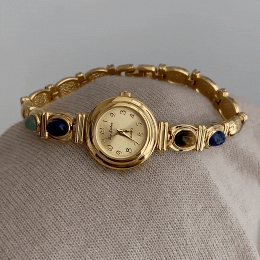 Gold Women’s Watch – Gemstone-Embellished Round Dial Bangle Watch with Gold Bracelet | Solora