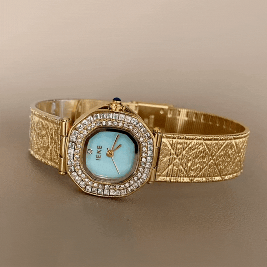 Gold Bangle Watch for Women – Vintage-Inspired Rectangle Crystal Case with Green Mother-of-Pearl Dial | Emerald
