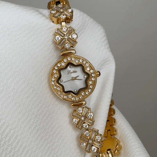 Gold Women’s Watch – Bangle Watch with Snowflake Crystal Bezel & Mother-of-Pearl Dial | Frost
