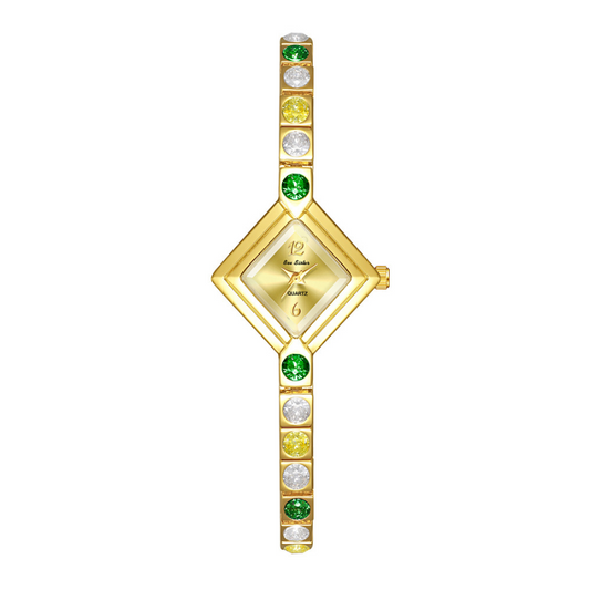 Goud- en groene diamant-geaccentueerde kwartshorloge voor vrouwen-Petite Rhombus Dial