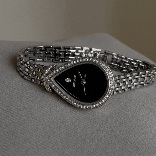 Silver Women’s Watch – Teardrop Crystal Case with Black Dial | Dainty Bracelet Style | Dew