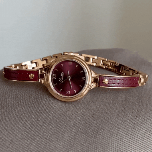Red Women Watch Leather Gold Case Red Round Dial Women's Leather Watch