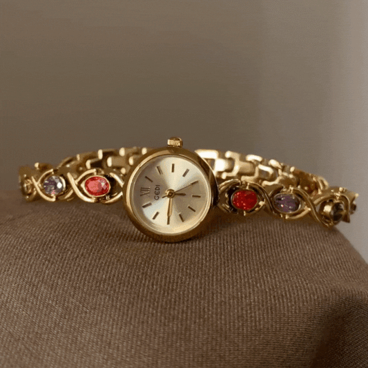 Gold Women Watch Bracelet Colorful Crystal Round Dial Bangle