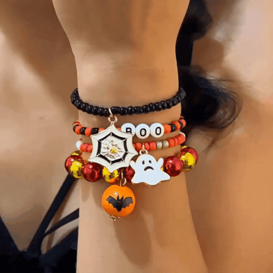 Halloween Jewelry 4-Pack: Skull, & Bat Seed Bead Bracelets - Perfect for Party Favors