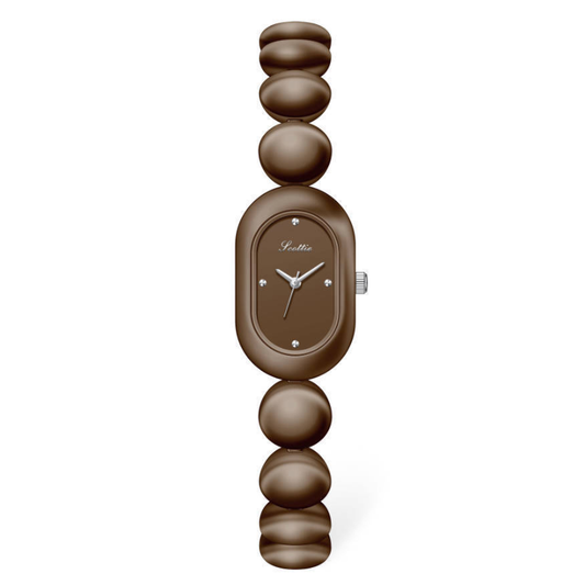 Bruine ovale wijzerplaat kralen armband kwarts horloge voor vrouwen - elegant en tijdloos