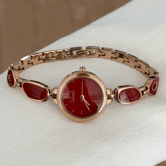 Roselle Gem – Elegant Rose Gold Bracelet Women’s Quartz Watch with Red Stone-Set Round Dial
