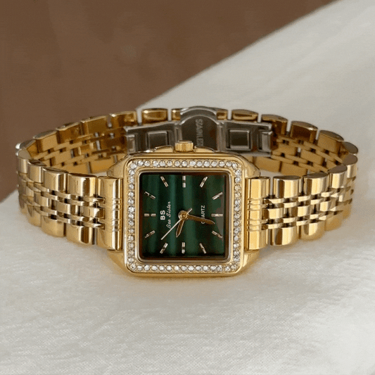 Verde Square – Modern Gold Stainless Steel Women’s Quartz Watch with Green Dial and Crystal-Set Case