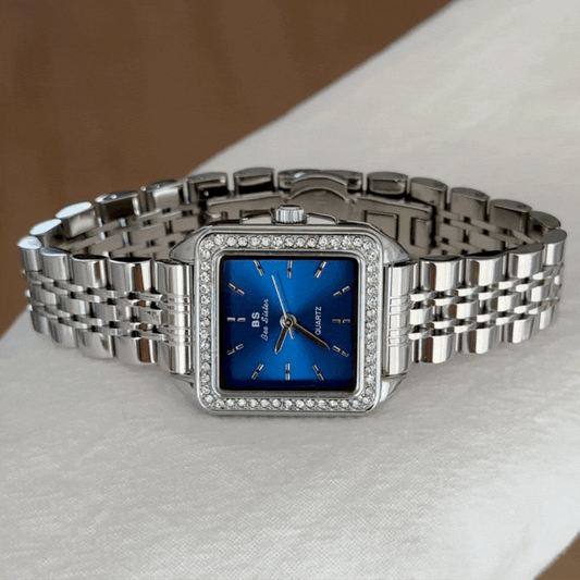 Azure Square – Modern Silver Stainless Steel Women’s Quartz Watch with Blue Dial and Crystal-Set Case