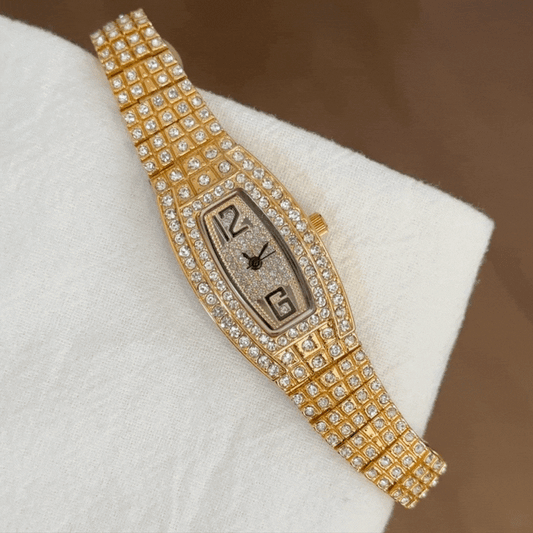 Lumière Barrel – Luxury Gold Tonneau Women’s Quartz Watch Fully Adorned with Crystals