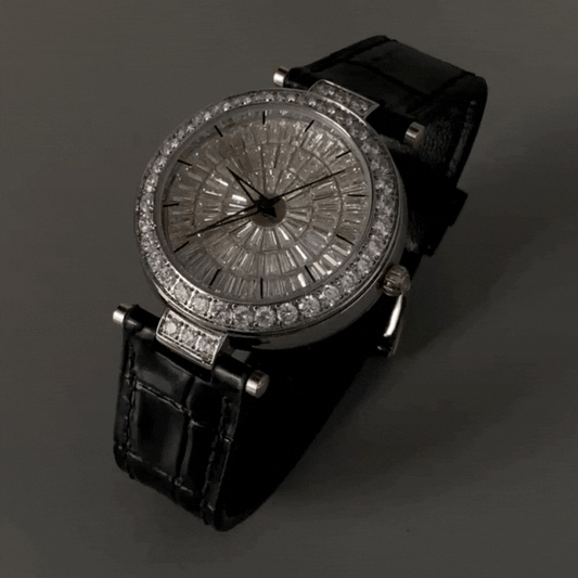 Frostelle – Luxury Black Leather Women’s Quartz Watch with Silver Crystal Snowflake Dial