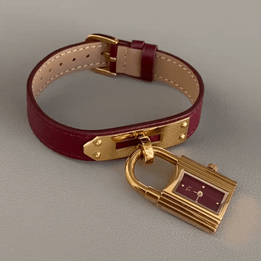 High-End Fashion – Women’s Red Leather Strap Gold Padlock Square Quartz Watch