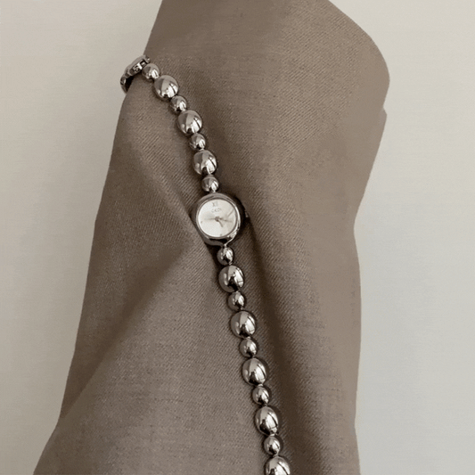 Minimal Chic – Women’s Silver Beaded Bracelet Small Round Quartz Watch